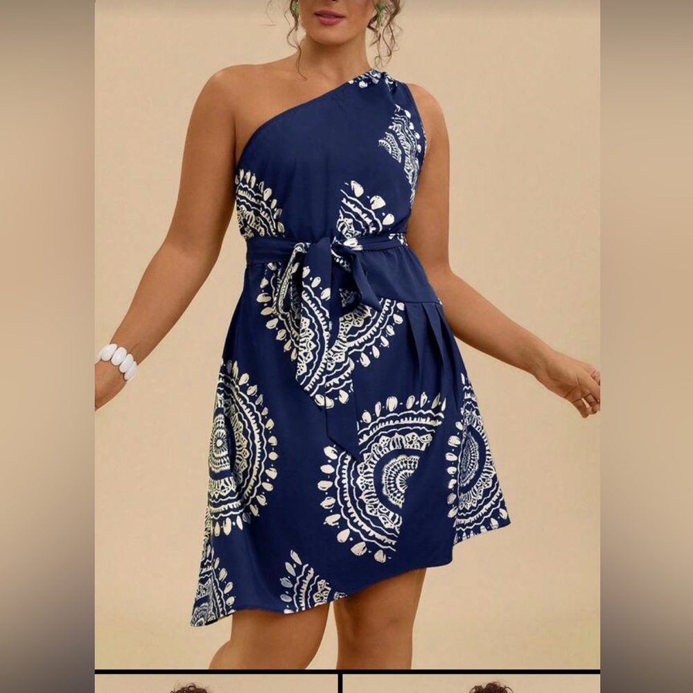 SHEIN Navy Blue & White Mandala Tie-Waist Sundress